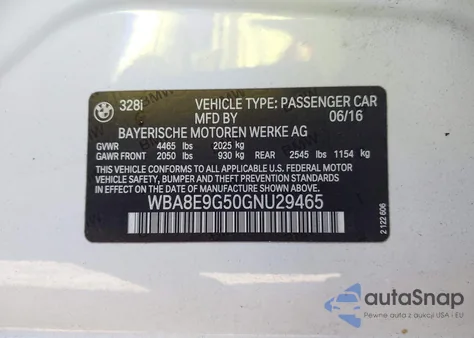 2016 BMW 328I from USA, damaged, VIN WBA8E9G50GNU29465